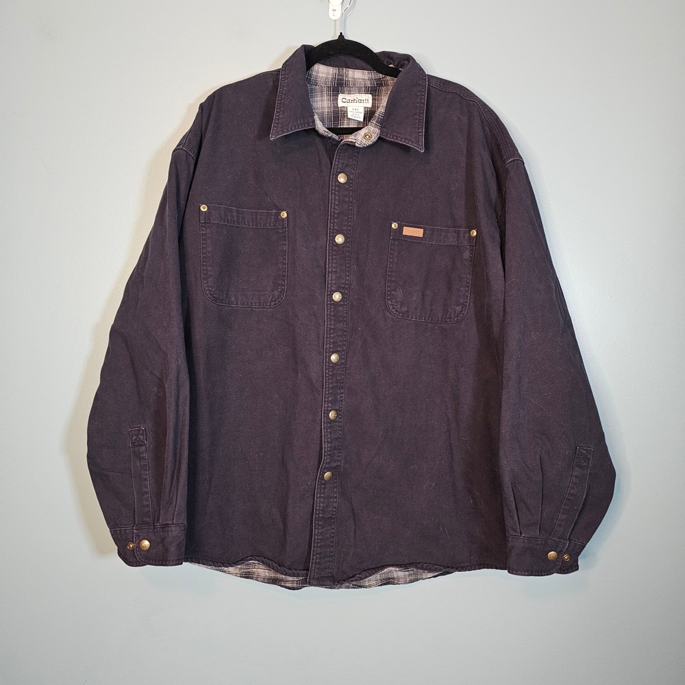 Vintage Carhartt Men's Dark Navy Canvas Plaid Flannel Lined Shirt Shacket 2XL